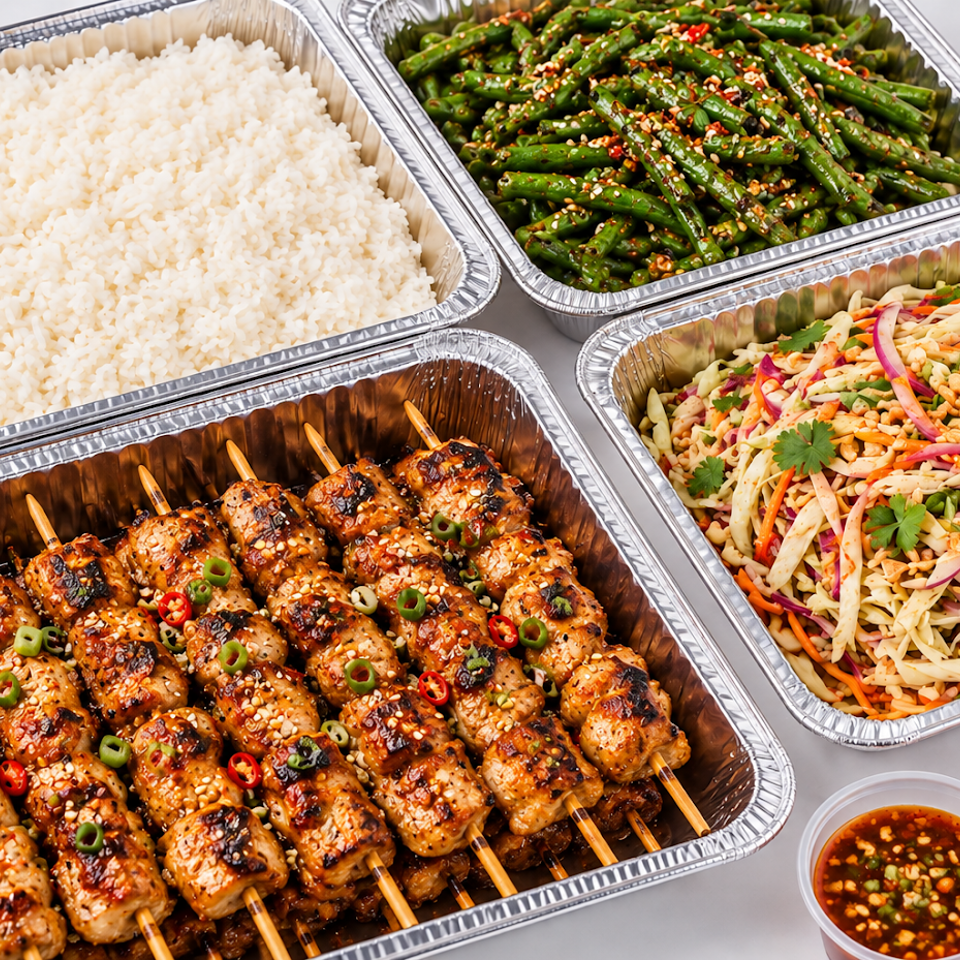 Aluminum catering trays hold white rice, spicy green beans, grilled chicken skewers, colorful cabbage slaw, and dipping sauces.