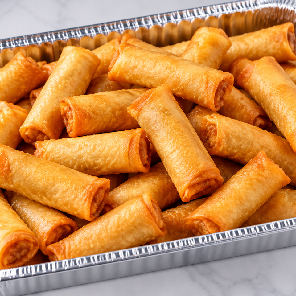 Tray filled with golden-brown fried spring rolls on a white marble surface.