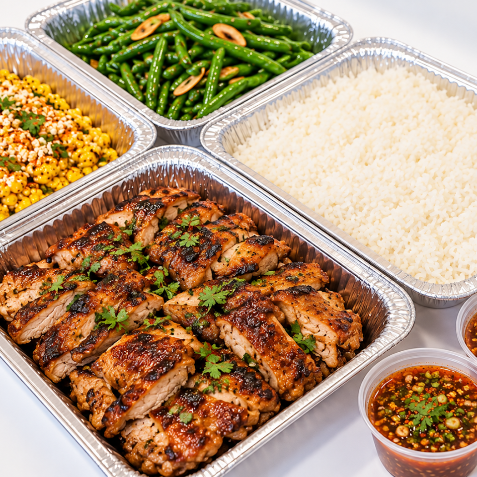 Catering trays of grilled chicken, white rice, green beans, seasoned corn, and two cups of spicy dipping sauce.